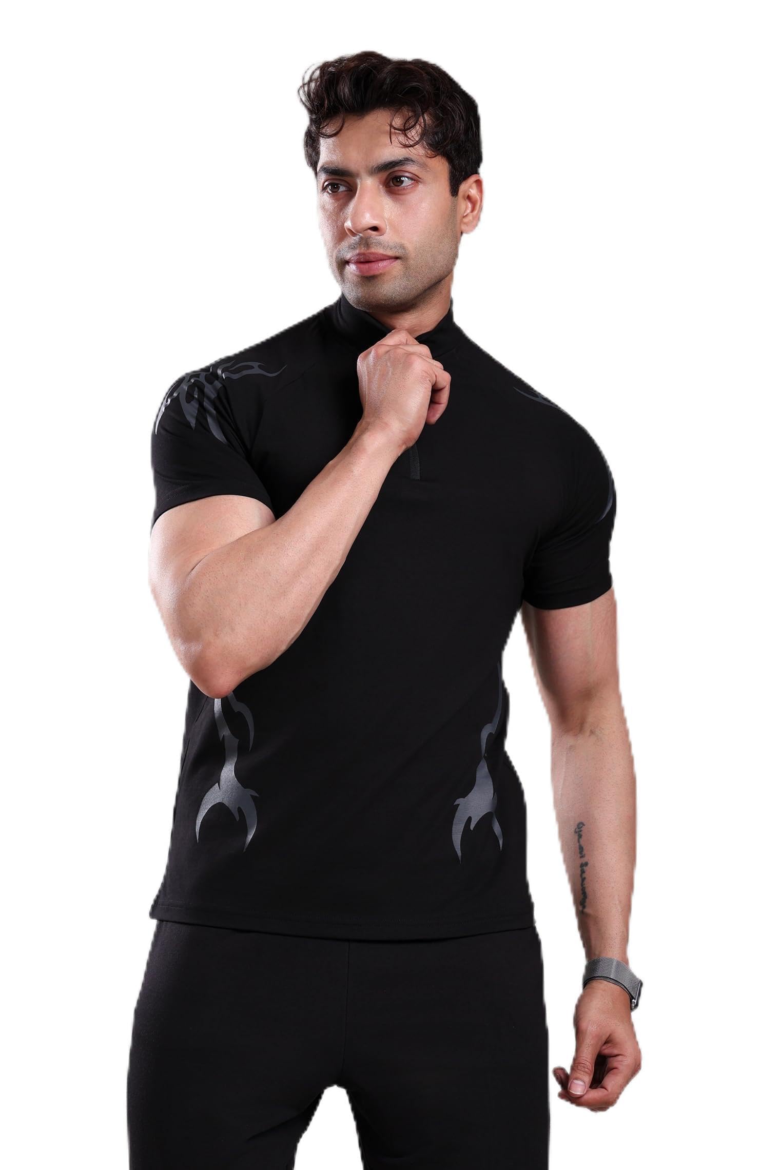 Stylish Gym T Shirts for Men Workout | Cotton and Spandex Quarter Zip Back Printed Collar T-Shirts for Men Half Sleeves-image-24