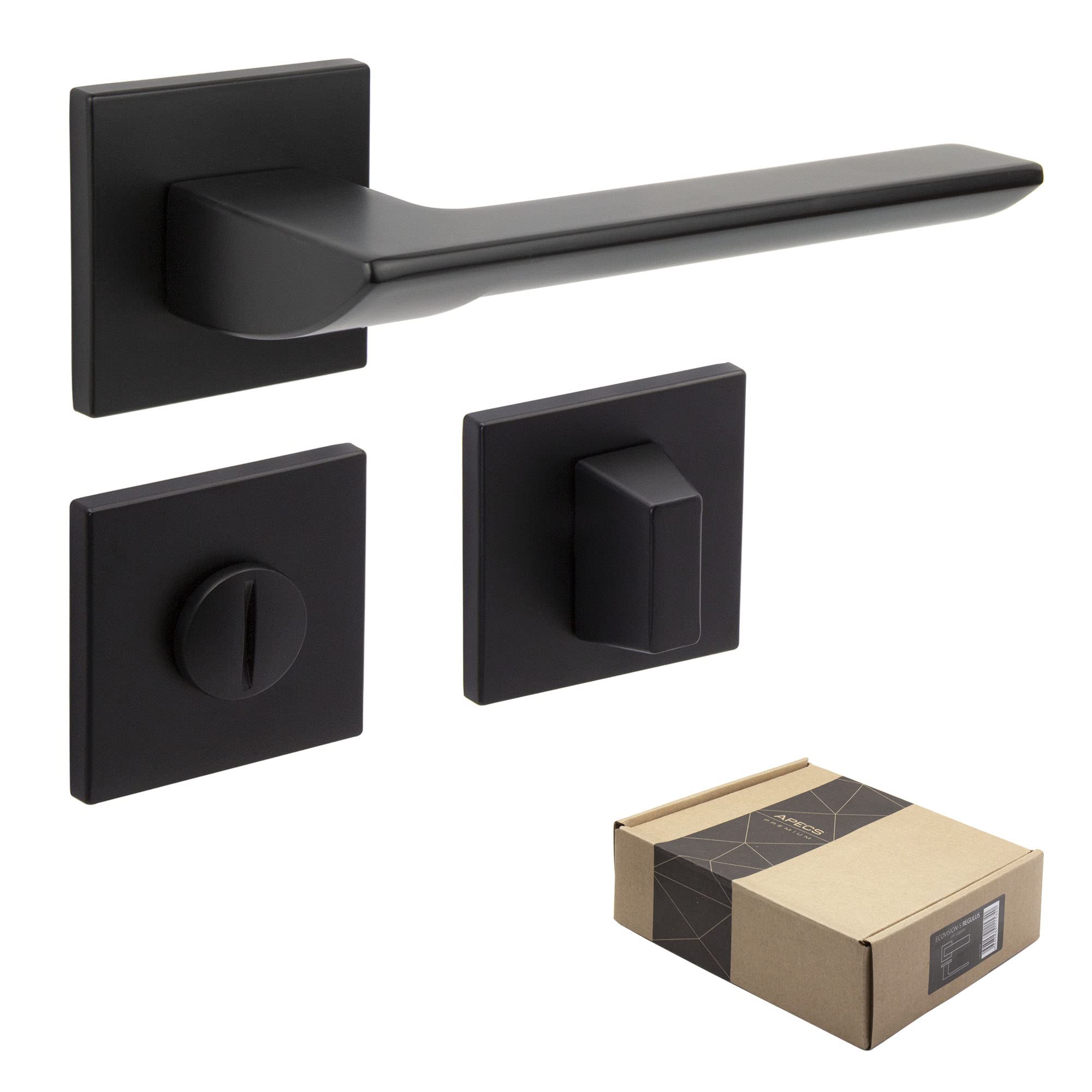 APECS Maniglia per porte interne, nera opaca, moderna, per porta di casa e interna, con rosette quadrate, con materiale di fissaggio, modello ELECTRA WC – bagno