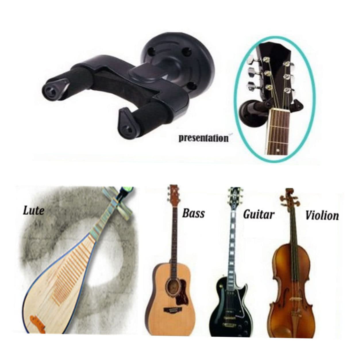 Gancio Chitarra da Muro Nero Abs 4 Pezzi con Base Auto-bloccante | Compatibile con Chitarra e Basso, Montaggio Semplice, Supporto Staccabile con Impugnatura Automatica