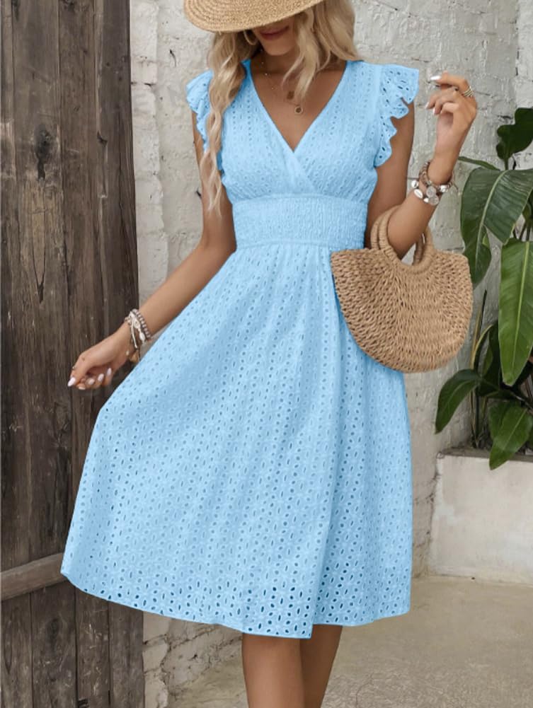 chouyatou Women's 2024 Eyelet Lace Embroidery Smocked Waist Party Dress Sexy Flutter Sleeve A Line Midi Long Sun Dress - Image 4