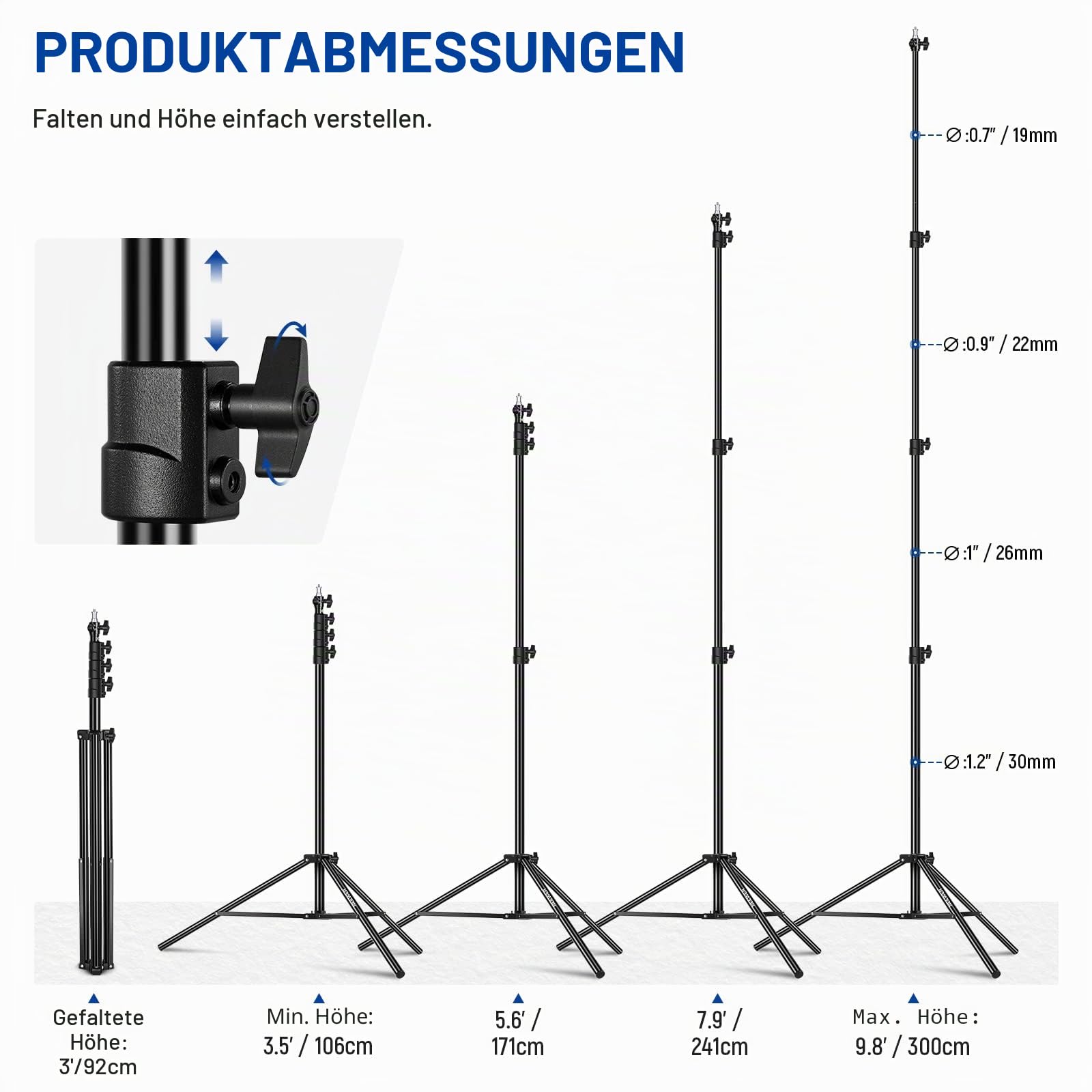 NEEWER 3m Lichtstativ, Luftgepolstertes Heavy Duty Metallstativ für Ringlicht Fotografie Lampen mit 1/4" zu 3/8" Schraubadapter und 3 Wege Schnittstellen, Tragfähigkeit: 2,5kg, ST-300AC