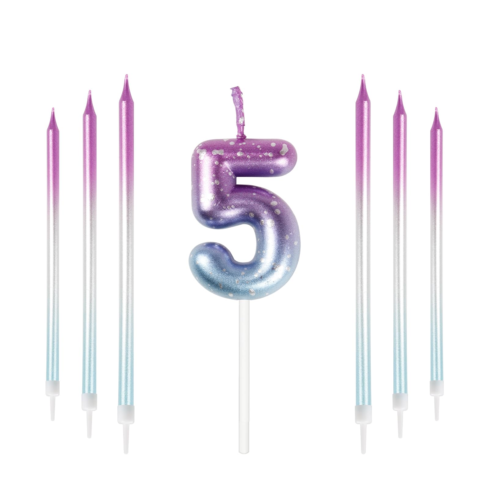 mciskin Purple Blue 5th Birthday Candles, Colorful Long & Number 5 Candle for Cake,Girls Boys 5th Birthday Decorations,Purple Blue Cake Toppers Perfect for Wedding & Party Decorations Supplies