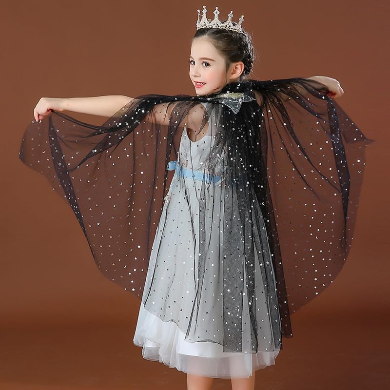 Image of Princess Cape for Girls - Colorful Sequin Cloak with Crown and Wand for Birthday, Halloween, Fancy Dress & Carnival