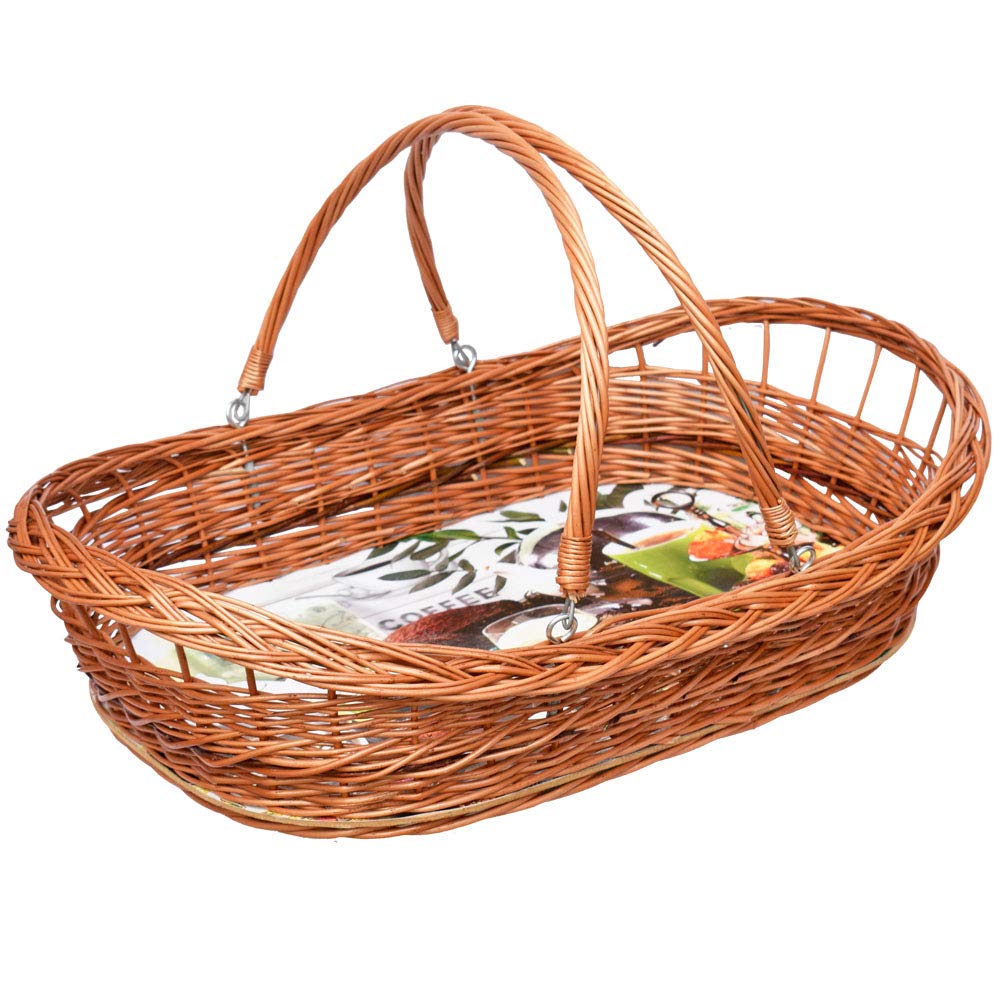 YULKA Weidenkorb Tablett mit Henkel 59x38x12 cm – handgeflochtenes Korbtablett aus Weide mit klappbarem Griff für Servieren & Aufbewahrung RR