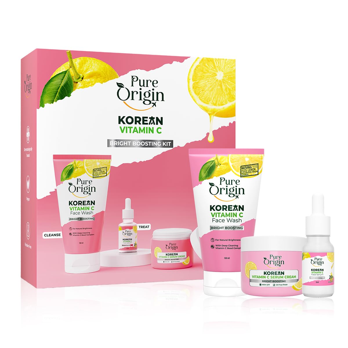 Pure Origin Korean Vitamin C Bright Boosting Kit | Face Wash, Serum & Serum Cream | deep cleansing for Brighter, Glowing and soft skin | Everyday Go-To Essentials For Bright & Spot-free Skin | With Pure Vitamin C & Yuzu Lemon | For women and men | For all skin type | 210 ml Pure Origin Korean Vitamin C Bright Boosting Kit | Face Wash, Serum & Serum Cream | deep cleansing for Brighter, Glowing and soft skin | Everyday Go-To Essentials For Bright & Spot-free Skin | With Pure Vitamin C & Yuzu Lemon | For women and men | For all skin type | 210 ml