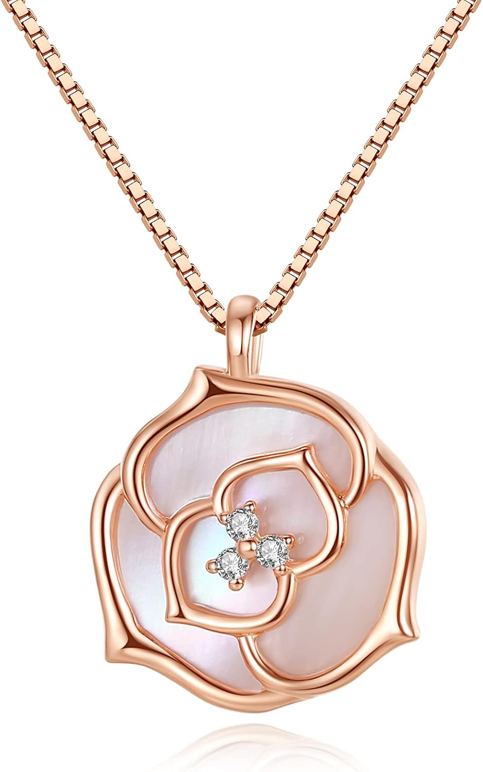 VIKI LYNN Pink Mother of Pearl Rose Flower Pendant Necklace for Women 18K Rose Gold Plated