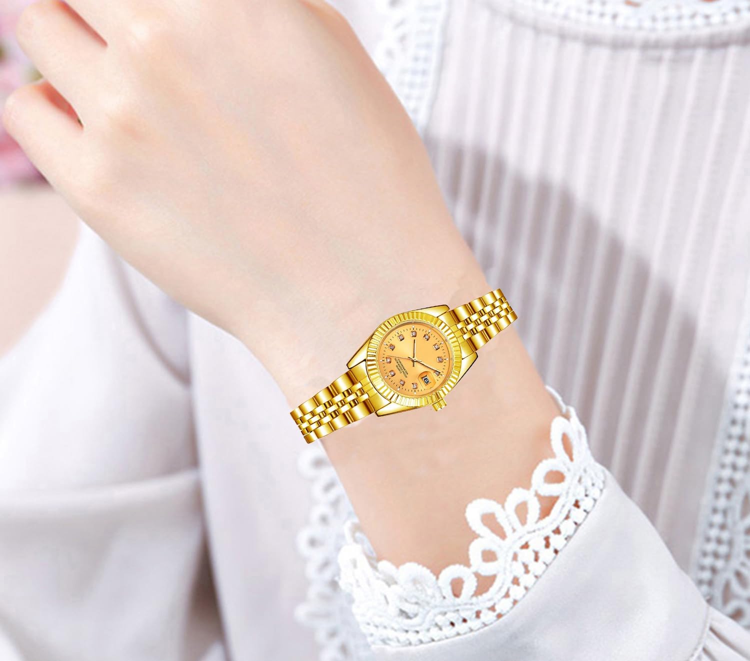BESTKANG Luxury Womens Quartz Analog Watches Rhinestone Calendar Waterproof Luminous Gold Silver Two Tone Stainless Steel Watches
