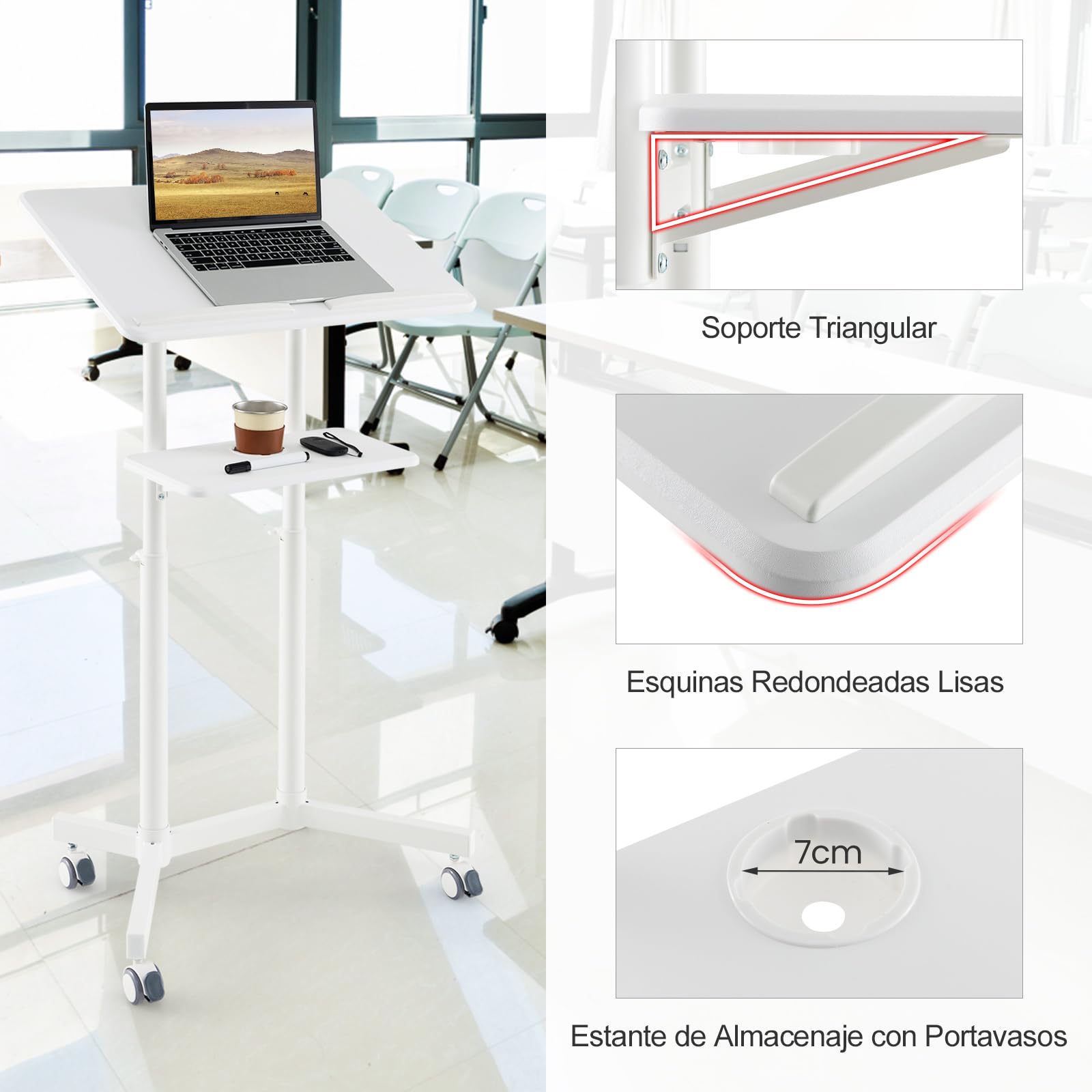 COSTWAY Atril Móvil con 4 Ruedas, Soporte de Podio con Tablero Inclinable, Estante de Almacenaje con Portavasos, Ajustable en Altura Flexibe104,5-128,5 cm, Soporte Para Aula, Iglesia, Oficina (blanco)