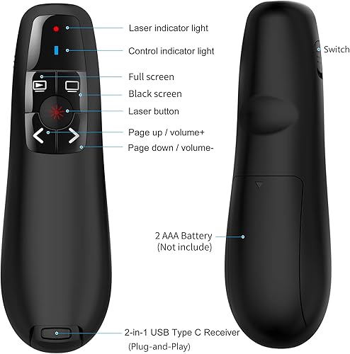 Miniatura 6 de Presentador inalámbrico de presentación remota Clicker USB tipo C PowerPoint Clicker con puntero rojo Control PPT de largo alcance - Avanzador de