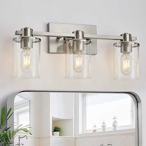 Miniatura 1 de DUJAHMLAND Luminarias de tocador de baño, luz de pared de metal de níquel cepillado de 3 luces con pantalla de vidrio transparente para iluminación