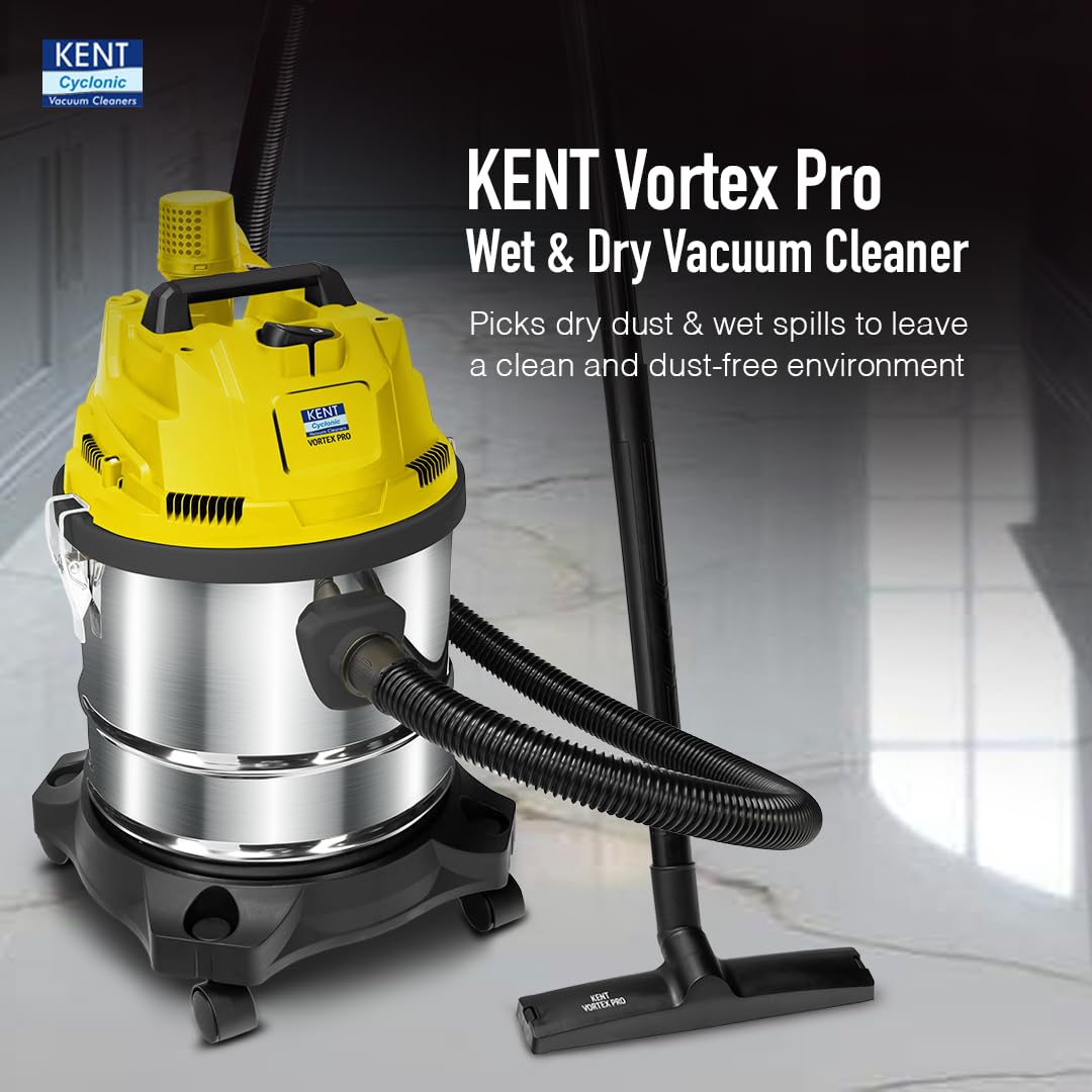 KENT Vortex Pro Wet & Dry Vacuum Cleaner | Blower Function | 1200W Power & 20L Capacity | High Suction 18 kPa | Cyclone5 Technology | HEPA Filter | SS Body & Rubberised Wheels | Black & Yellow