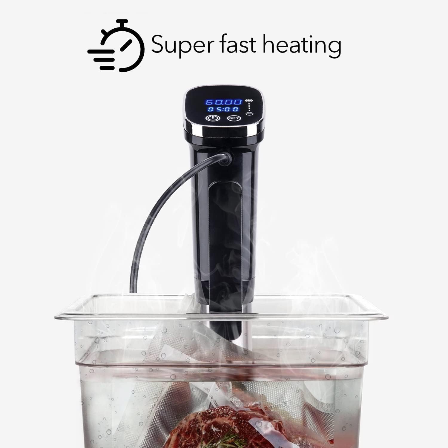 Close-up of the Dartwood Sous Vide Cooker's digital display showing temperature and time settings, with steam rising from the water, labeled 'Super fast heating'.