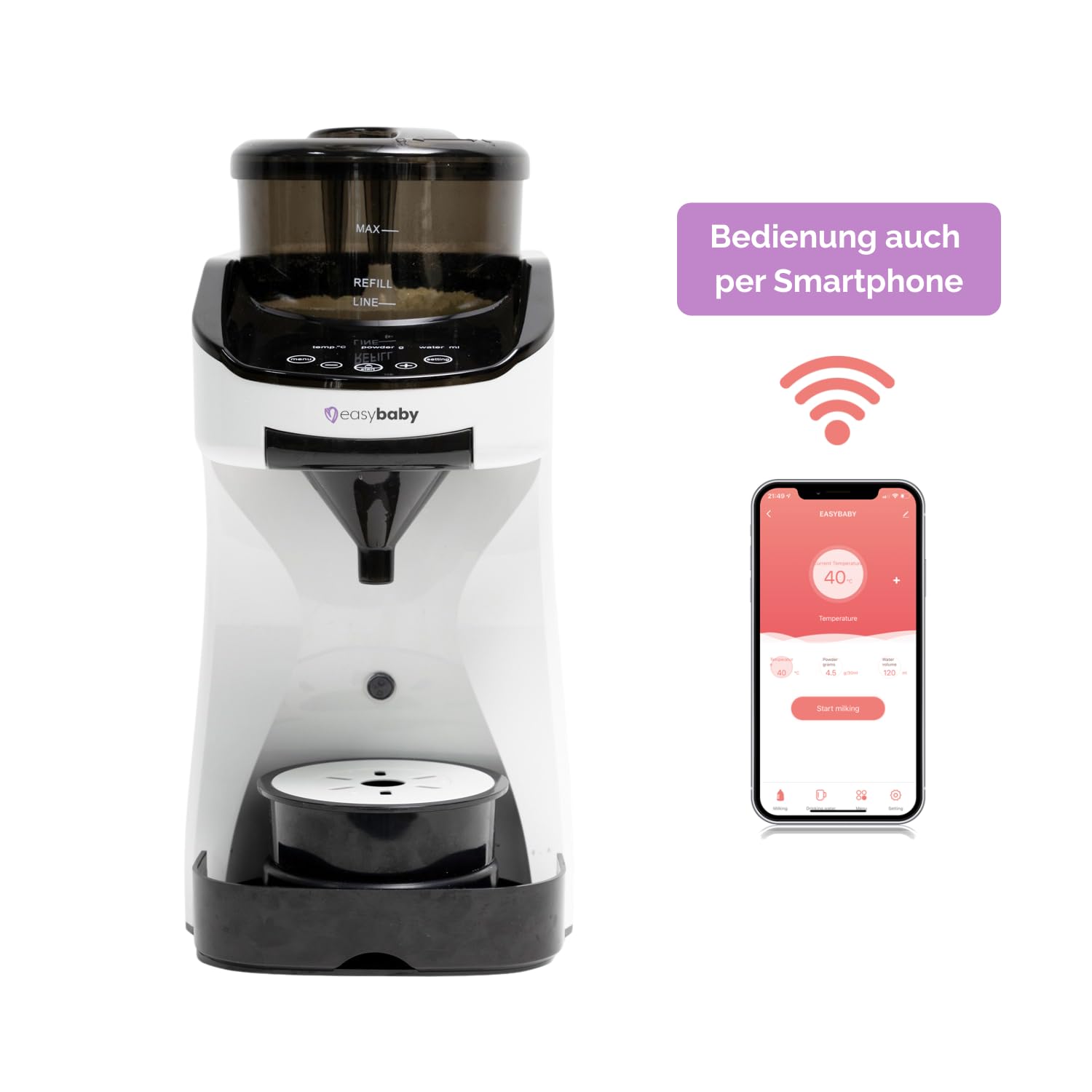 Easybaby Milk Maker - Automatischer Flaschenzubereiter - die Perfekte Babyflasche auf Knopfdruck, Flaschenwärmer, Bedienung mit dem Smartphone