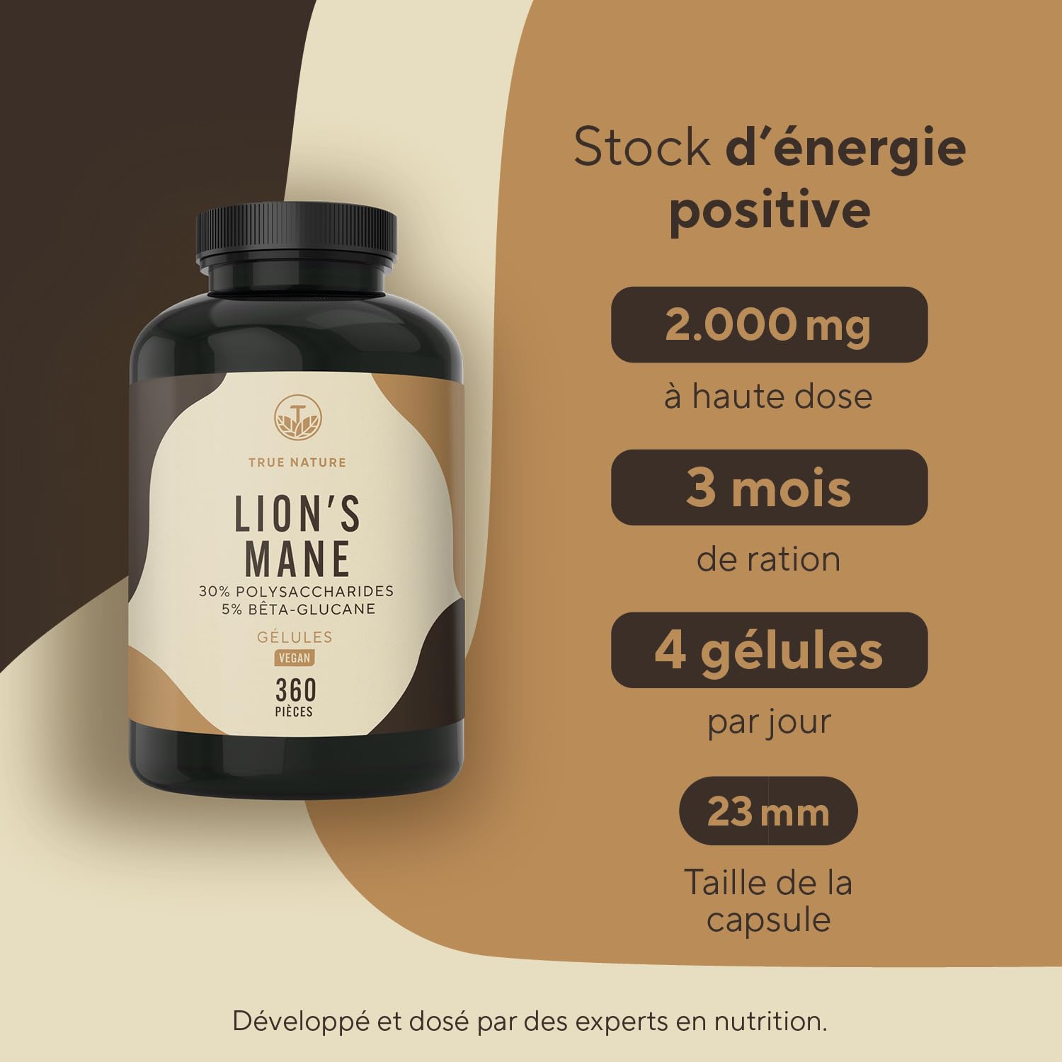 Lions Mane - 360 gélules - 60.000 mg de Criniere de lion (Extrait 30:1) - Hericium Erinaceus – Polysaccharides & Bêta-Glucanes – Vegan – Crinière de Lion– TRUE NATURE