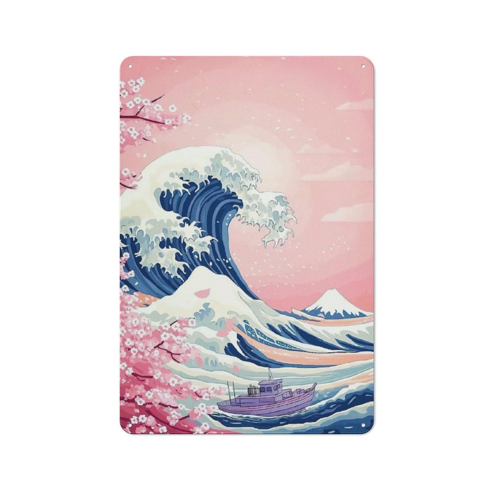 Junmoney Great Wave Cherry Blossoms Printed Metal Sign 30X20cm For Dining Room Or Kitchen, A Christmas Gift For People Styling Dining Room And Kitchen