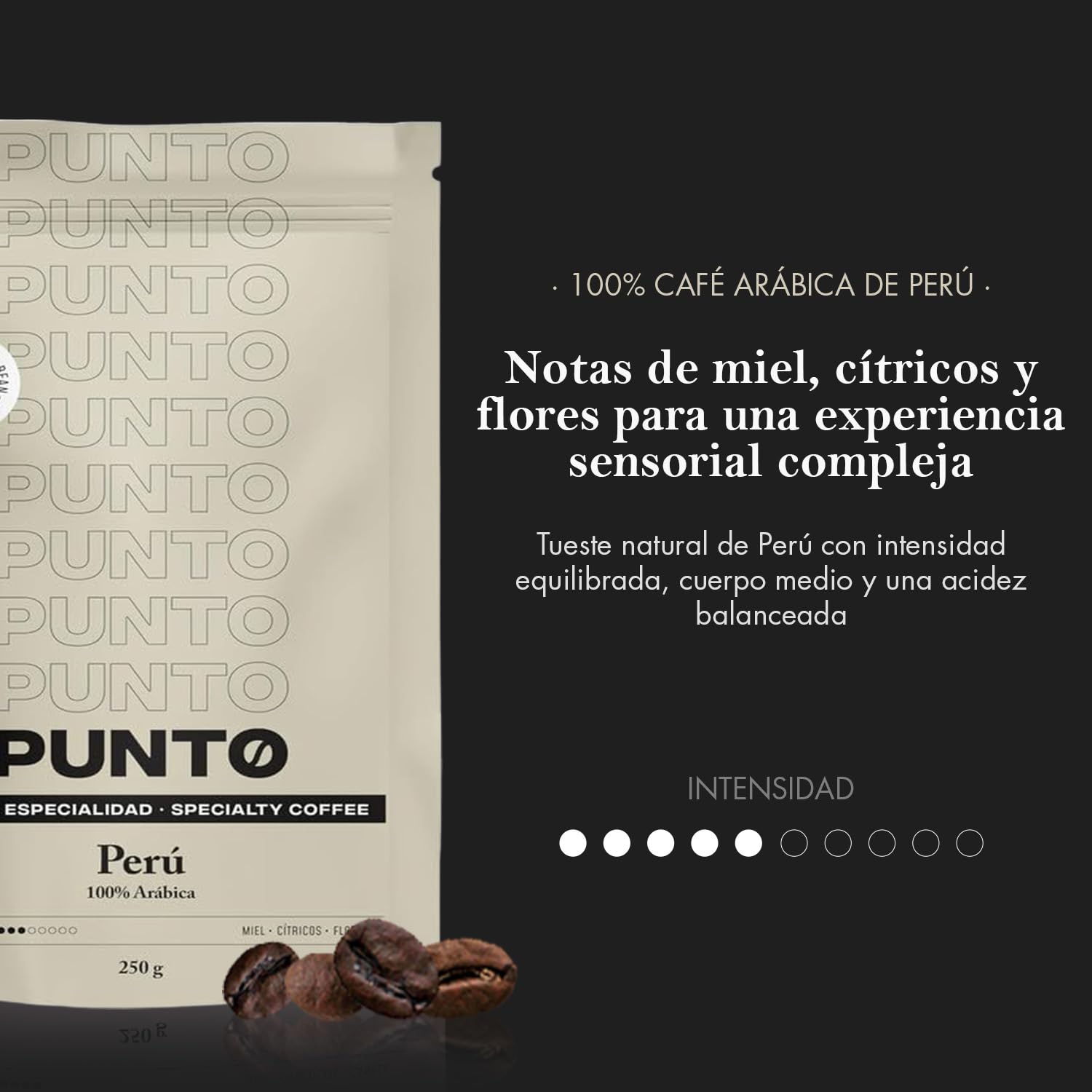 PUNTO - Pack Cafe de Especialidad en Grano 4x250g - Punto BLEND + Perú + Etiopía + Colombia - 100% Arabica - Tueste y Cuerpo Medio - Intensidad 5-7/10