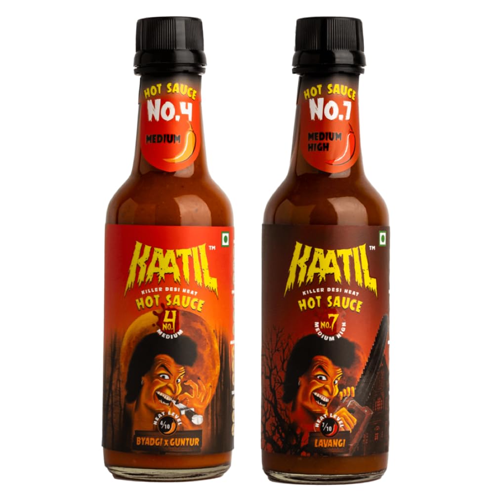 Kaatil Hot Sauce Combo 47 - Hot Sauce No. 4 & Hot Sauce No. 7 | No Artificial Colours/Flavours | Real Hot Sauce, Not Sweet like Ketchup | Made with Indian Chillies | Cooked Hot Sauce, Not fermented | Perfect Condiment & Works as a Dip, Spread, Marinade, Saute, Stir-fry & Finishing Sauce | Vegan, (400gm)