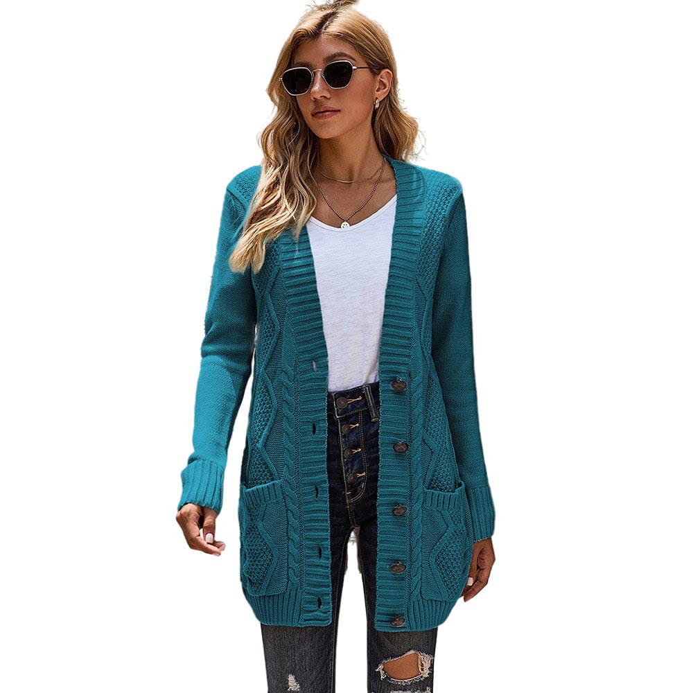 EIBA Cárdigans para Mujer,Cárdigans De Punto Grueso para Mujer Moda Liso Azul Pavo Real Suéteres De Manga Larga con Frente Abierto Cárdigan con Botón De Bolsillo Otoño Invierno Cable Knit Prendas D