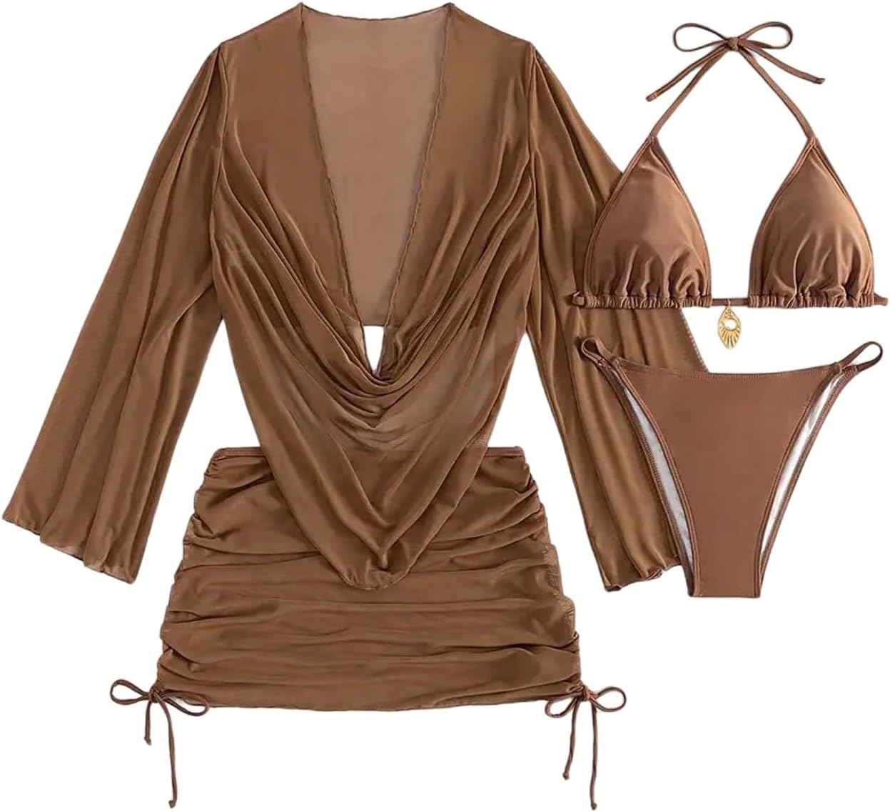 Milumia Women's 4 Piece Swimsuit Halter Triangle Bikini Set with Sheer Mesh Cover Ups Beachwear