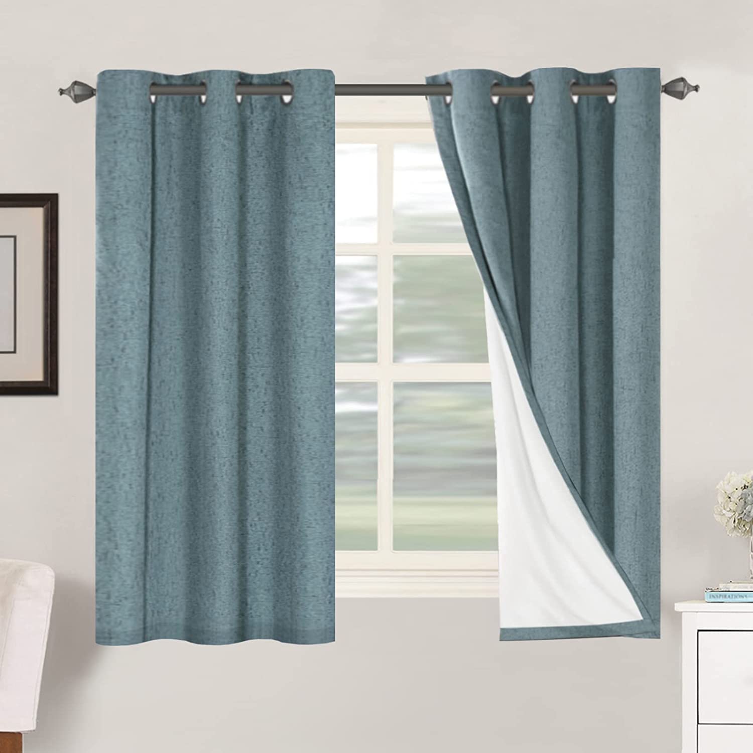 Primitive Linen Curtains 100% Blackout Curtain Drapes Burlap Fabric Curtains with White Thermal Insulated Liner, Grommet Top Curtains Living Room/Bedroom (2 Panels, 42 x 54 Inch, Stone Blue)