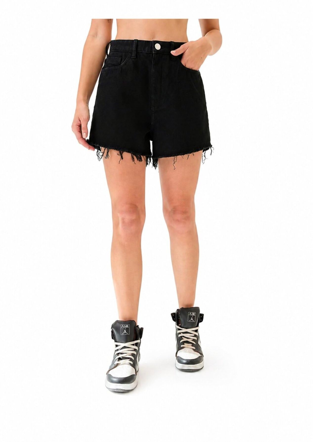 Women's Black Denim Shorts, High-Waist Cut-Off Frayed Hem, Casual Style-image-14