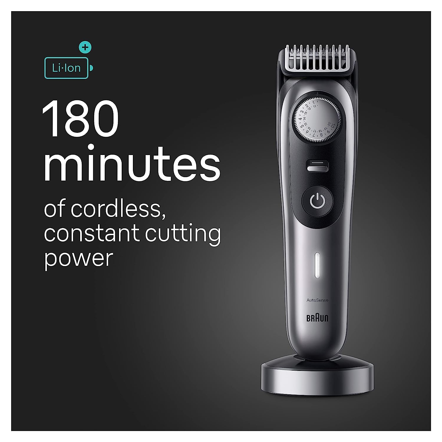 Braun trimmer on its charging stand, indicating 180 minutes of cordless runtime.