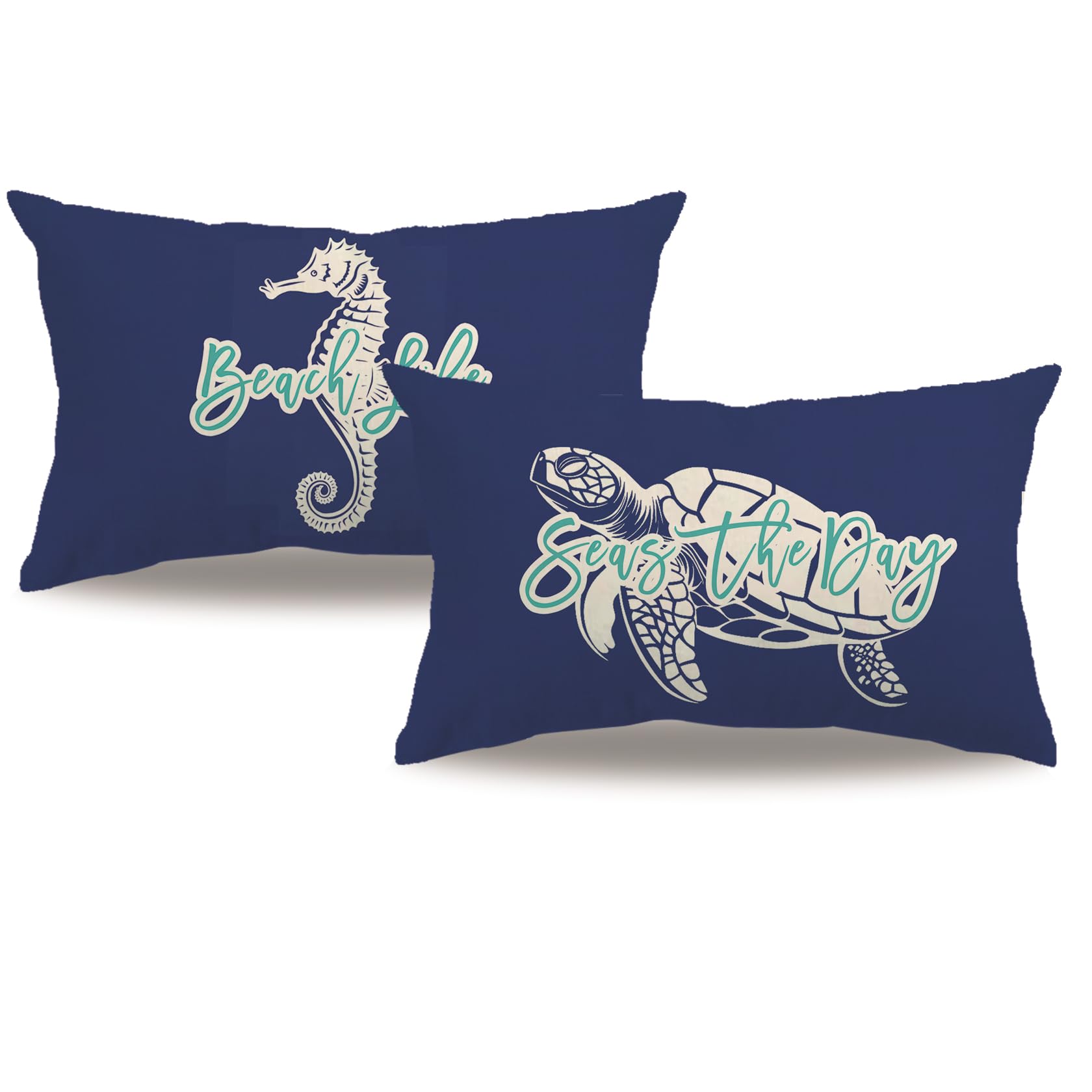 7COLORROOM 2Pack Ocean Theme Decor Throw Pillow Cover Navy Blue Double-Sided Printed Sea Turtle Seahorse Rectangular Waist Cushion