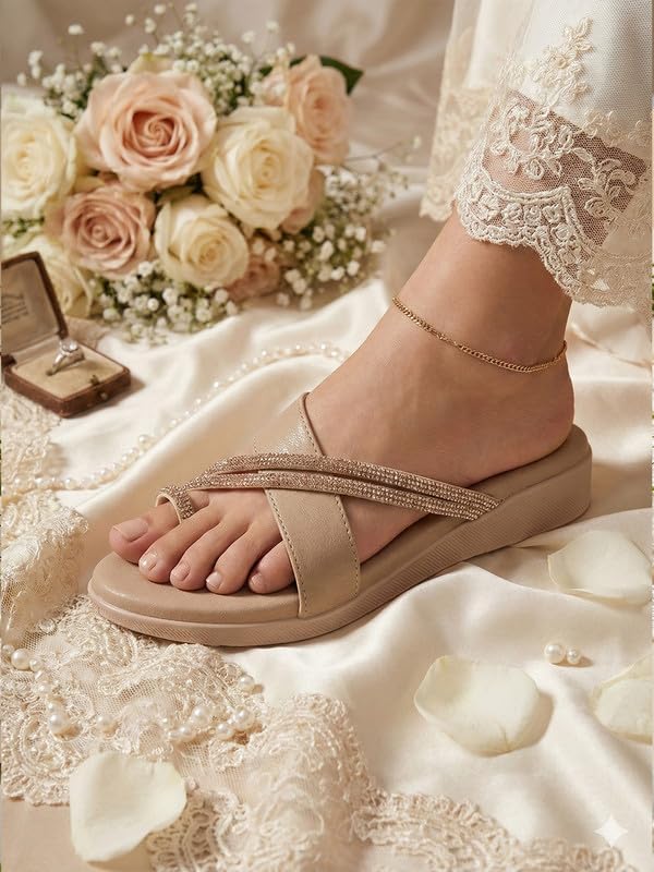 Image of FAUSTO Women Embellished Shimmery Cross Strap Toe Ring Wedding Slip On Slippers | Soft Cushioned Footbed Wedge Sandals | Party, Mehndi, Festive