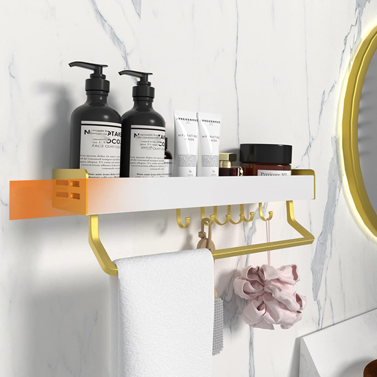 Estante de ducha adhesivo de aluminio blanco con ganchos de 30 cm para cocina, inodoro, ahorro de espacio, solución de almacenamiento