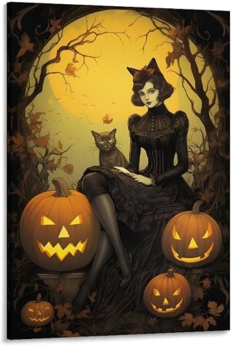 Arte de pared de Halloween Catwoman y gato negro, ilustración, impresión interior, pintura, lienzo, póster de arte de pared, impresiones de fotos