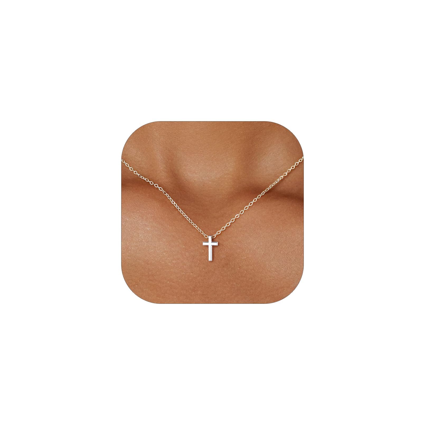 ChicSilver Personalized 925 Sterling Silver Dainty Small Heart/Star/Moon/Dot/Triangle Pendant Necklace for Women, Silver/Gold/Rose Gold/Black (with Gift Box) 01.Cross 01.Silver