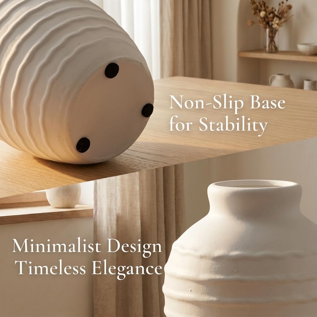 Ceramic Flower Vase 7 Inch Modern Farmhouse Vases Rustic Decorative Vase Home Decor Minimalist Handcrafted Pottery Terracotta Centerpiece Vases for Living Room,Bedroom,Table,Weddings,Office-White