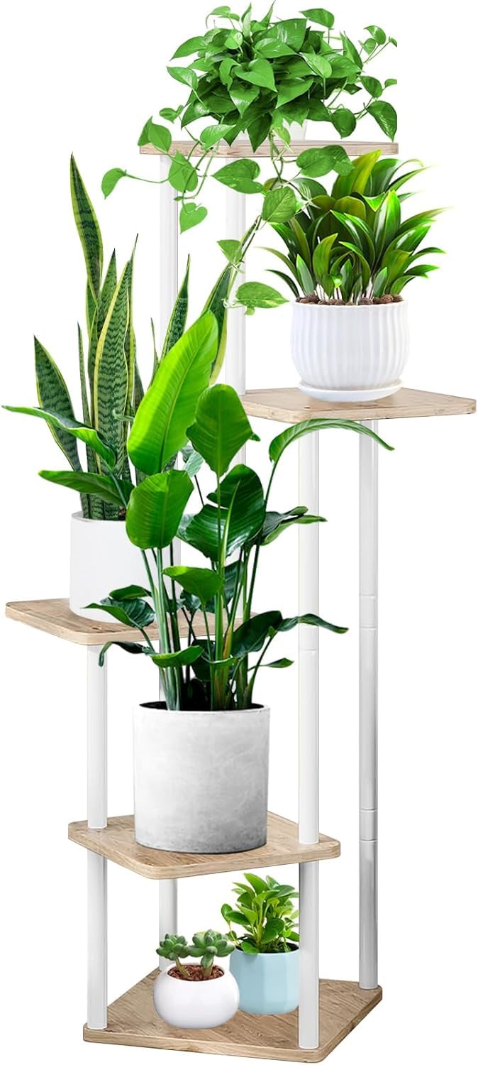 KAHEIGN 5 Niveles Soporte para Plantas de Interior, 106CM Alto Estante para Plantas de Exterior Expositor de Madera para Plantas para Patio Balcón Boho Hogar Jardín Plantas Maceta Decoración (Blanco)
