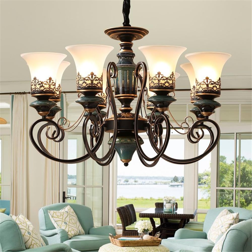 SXECAEPS European Luxury Living Room Chandelier American Retro Ceramic Restaurant Bedroom Study Hotel Villa Cafe LED Pendent Lamp (T 8 hts)