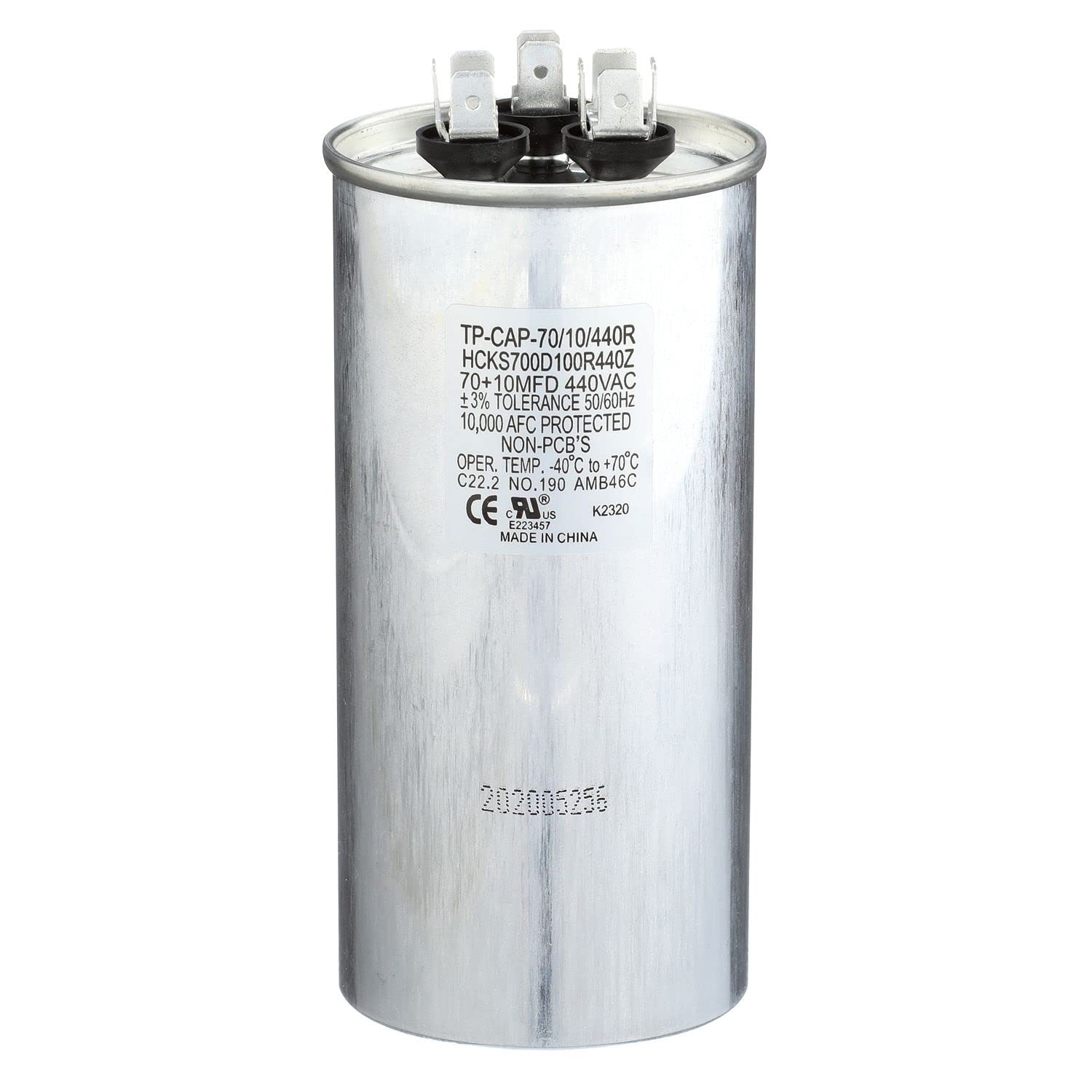 TRADEPRO (TP-CAP-70/10/440R) 70+10 MFD (Microfarads) 440 Volt Round Dual Run Capacitor | 60,000 Hour Operating Life, Aluminum Composition, -40°F to