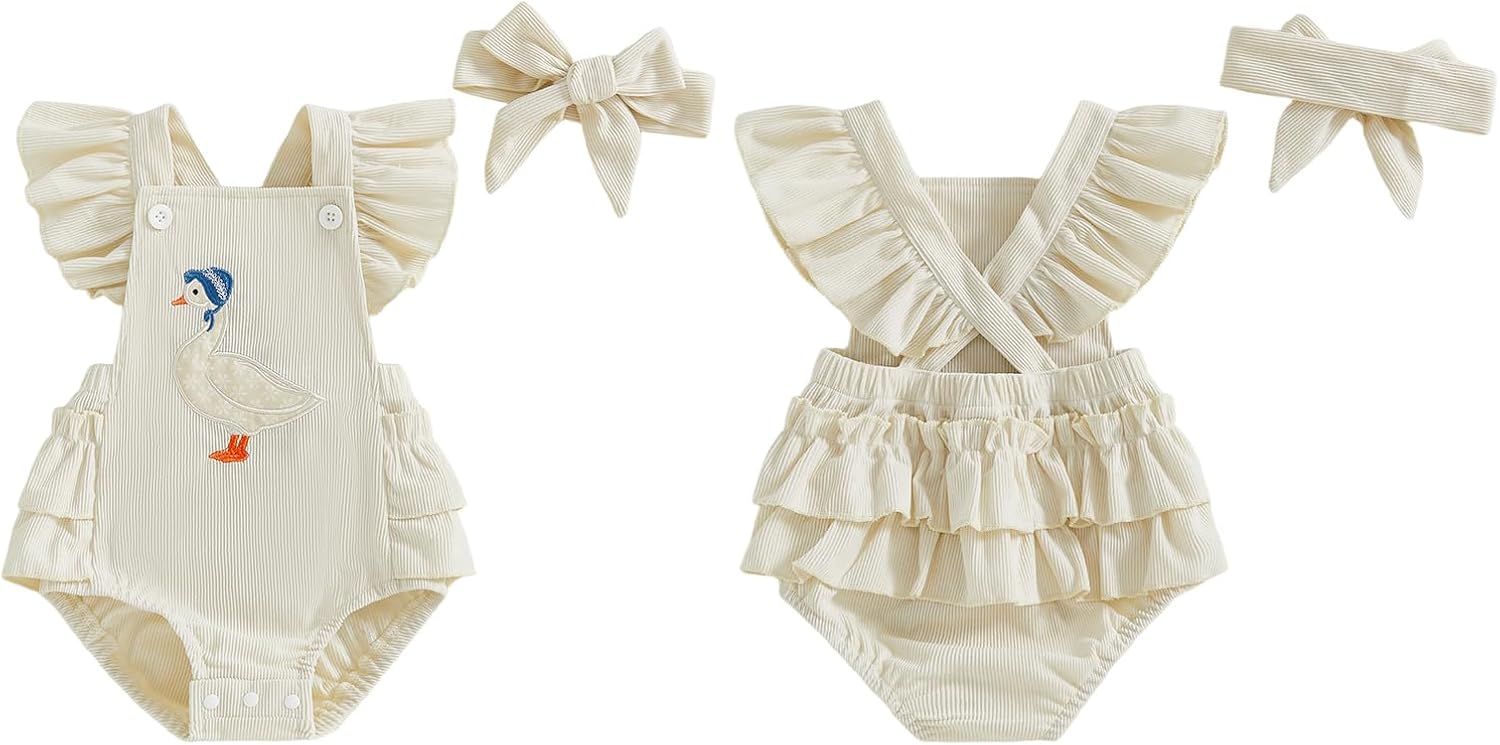 Baby Girl Corduroy Romper Goose Embroidery Onesie Ruffle Sleeveless Bodysuit Headband Set Fall Clothes - Image 3