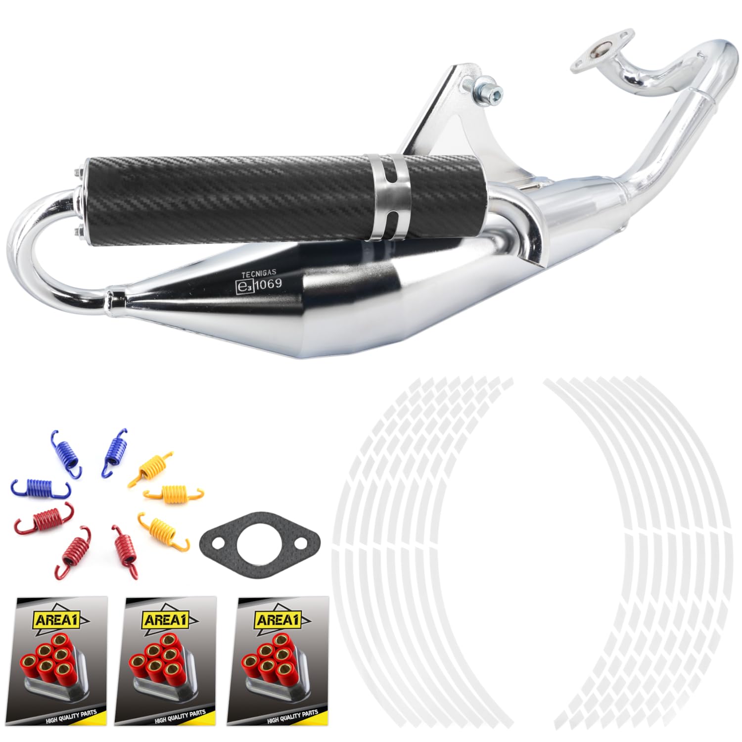 Area1 Sportowy zestaw wydechowy Tecnigas Q-Tre o wyglądzie karbonu tłumik pasujący do leżących 50 cm³ 2-suwowych Peugeo. silników np. Elystar Django Kisbee Ludix Streetzone + akcesoria do tuningu