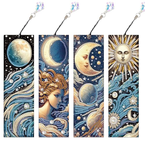 Image of 4-Piece Diamond Painting Bookmarks Set for Adults - Sun, Moon, and Waves Design DIY 5D Rhinestone Diamond Art Bookmark Kits with Tassels, Beautiful Diamond Art Bookmarks for Crafts Gifts