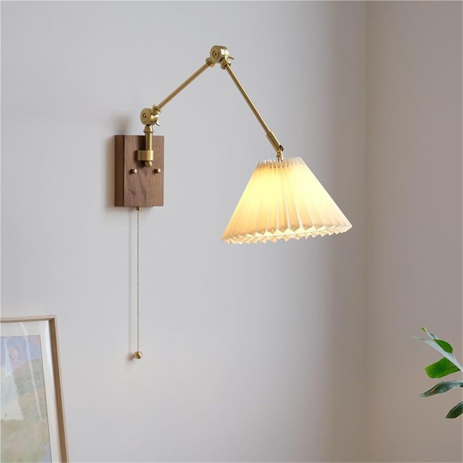 TCHAUSGZUS Mid Century Long Swing Arm Wall Sconce with Pleated Fabric Shade - Adjustable Brass Reading Light for Bedroom and Living Room