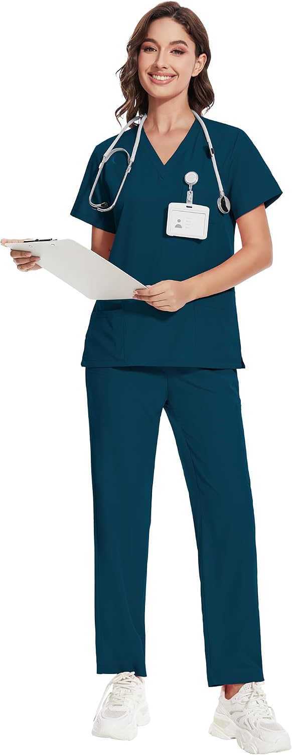 niaahinn Scrub for Women -Stretch Collar Neck Scrub Top & Yogga Cargo Pants, Yogga Waistband，10 Pocket