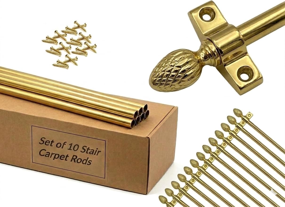 Set of 10 Premium Stair Carpet Rods, Polished Brass Finish with Decorative Pine Finials, Professional Grade Hardware for Runners up to 70cm
