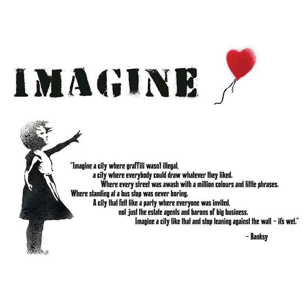 Wee Blue Coo Banksy Imagine City Graffiti Girl Balloon Quote Typography Art Print Poster Wall Decor 12X16 Inch