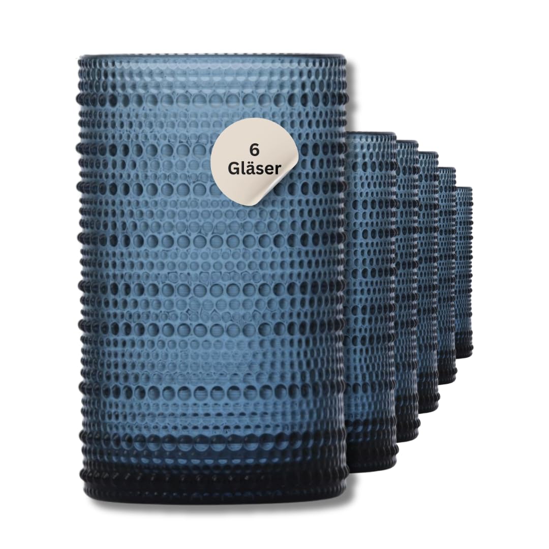 Fortessa Gläser Set Jupiter, Große Trinkgläser, 6er-Set, blau (Azur) | Vintage-Stil Wassergläser auch als Teelichthalter nutzbar, spülmaschinenfest