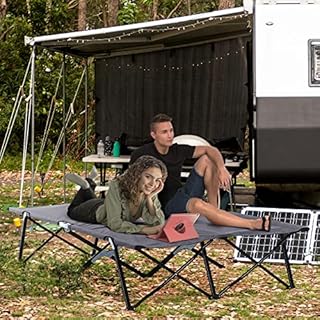 Outsunny 2 Person Folding Camping Cot for Adults, 50" Extra Wide Outdoor Portable Sleeping Cot with Carry Bag, Elevated Camping Bed, Beach Hiking, Grey
