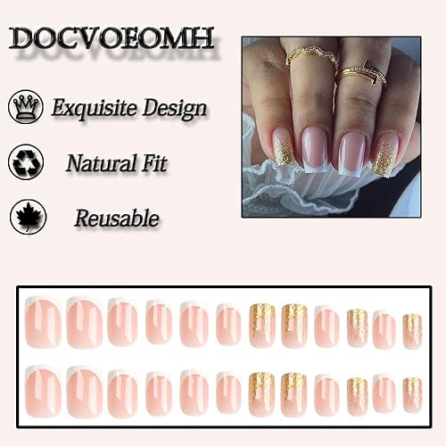 Miniatura 6 de DOCVOEOMH Uñas postizas cuadradas cortas a presión, color degradado, rosa, blanco, con diseño, cobertura completa, acrílicas, pegamento para uñas,