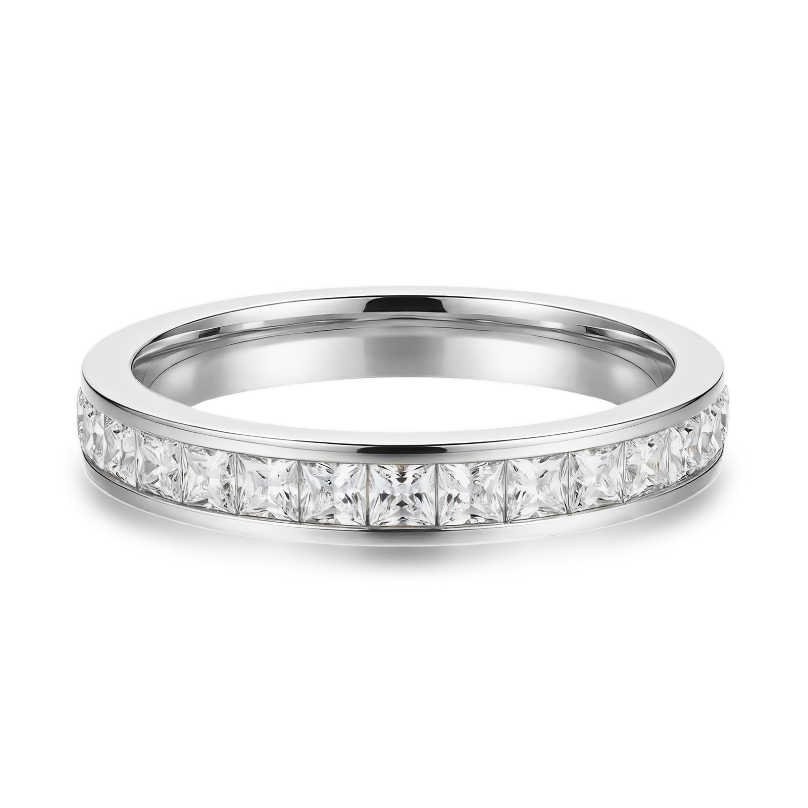 munone 18k Gold Plated Minimalist Princess Cut Cubic Zirconia,Channel Set Eternity Rings for Women Men,Non Tarnish Hypoallergenic Titanium Band