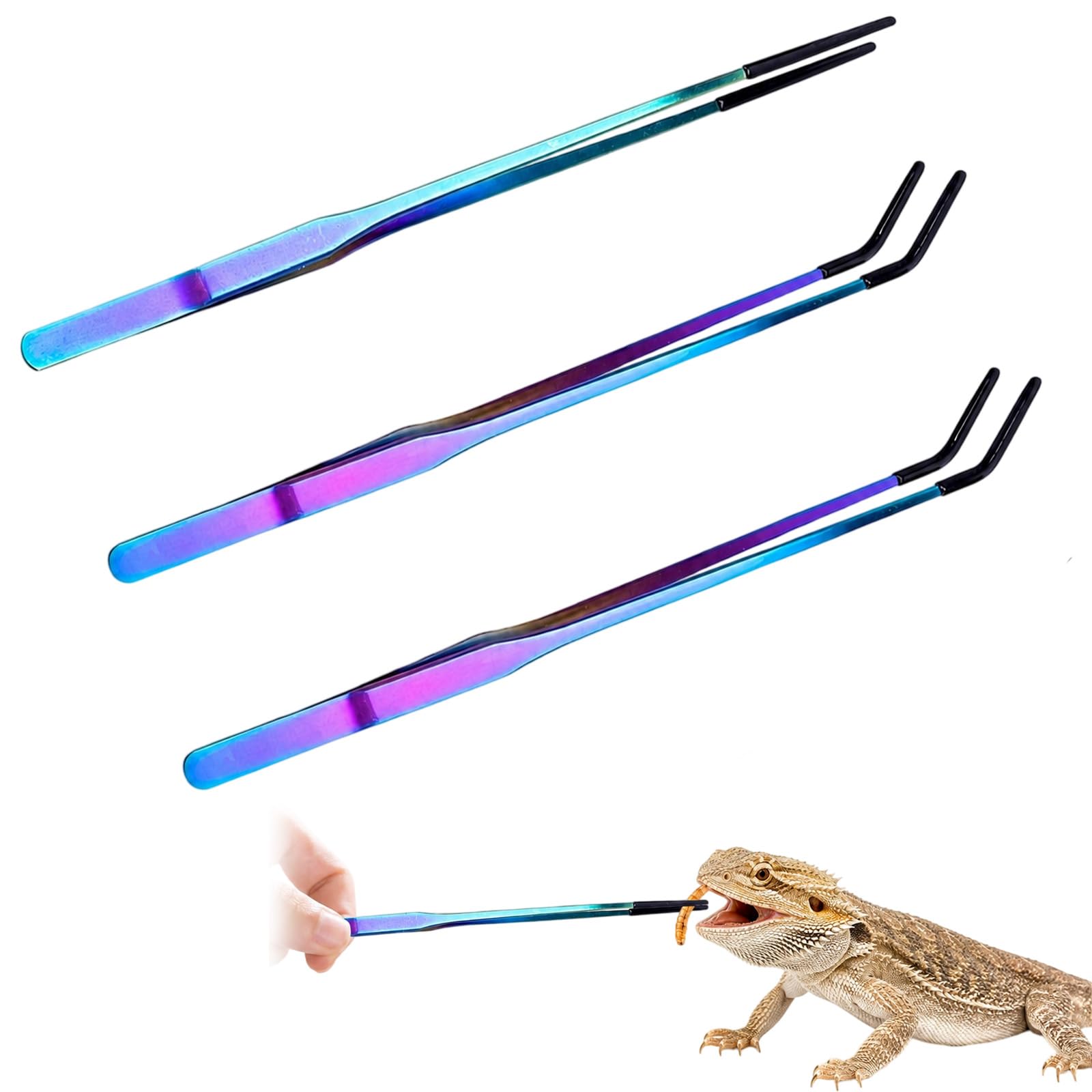 3PCS Reptile Feeding Tong Stainless Steel, Aquarium Tweezer with Rubber Tip