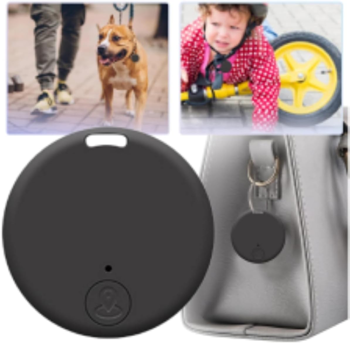 Bluetooth Anti-Loss Tracker in use with a pet, child, and bag