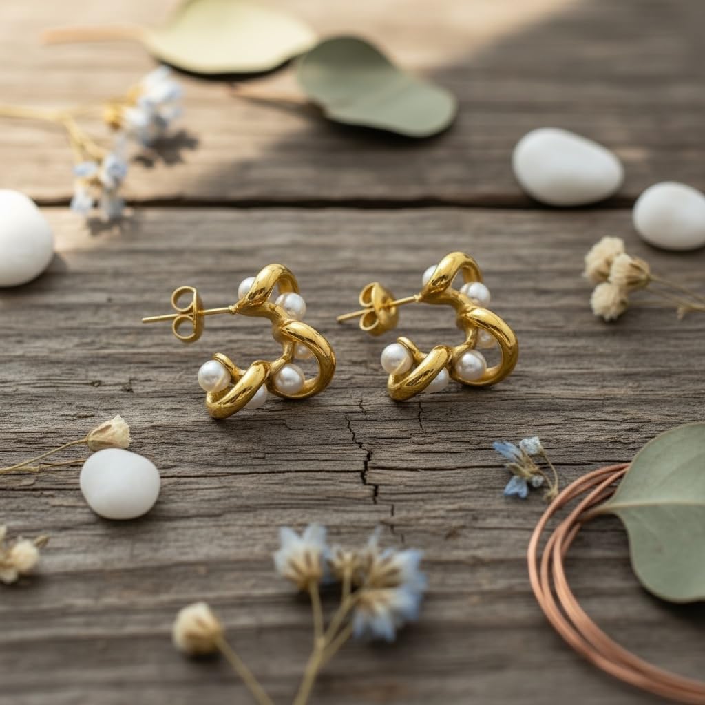 Elegant 18k Gold Plated over Stainless Steel Pearl Hoop Earrings, Small Twisted Design with White Pearls, Classic Boho Jewelry for Women - Image 7