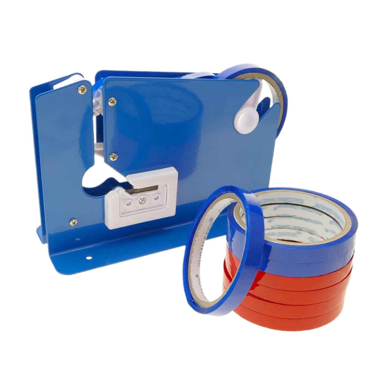 9 pezzi Macchina Sigillatrice per Sacchetti con Dispenser Tagliatape Portatile Lama Antiruggine e Nastro Adesivo Blu e Rosso per Imballaggi Industriali
